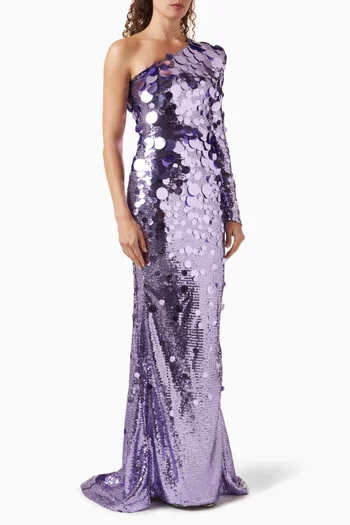 "THE SHIMMER IS A PRISM GOWN- ONE SHOULDER, LONG SLEEVED GOWN IN STRETCH DISC SEQUINSAND SHOULDER ACCENT":Purple    :8|218997512