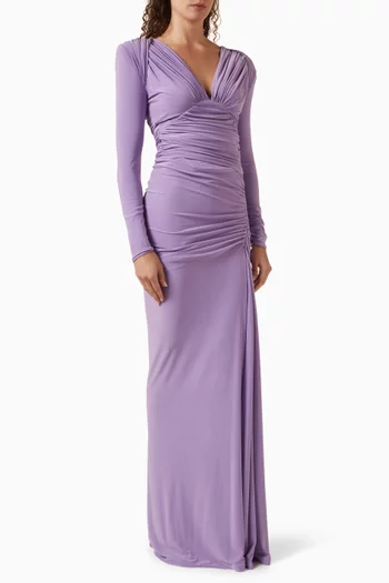 "WE'RE NOT US GOWN- LONG SLEEVE STRETCH JERSEY GOWN WITH GATHERED BODICE,WAIST AND SHOULDER PANELS WITH FRONT SPLIT AND SHOULDERACCENTS":Purple    :10|218997485