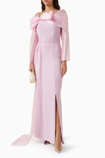 فستان سهرة بذيل وعقدة كريب وأورجانزا