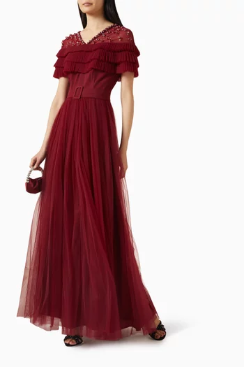 فستان سهرة مطرز بكشكش