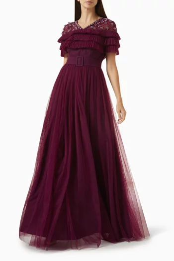 فستان سهرة مطرز بكشكش