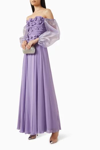 فستان سهرة بأكتاف مكشوفة وتطريزات بارزة شيفون وأورجانزا