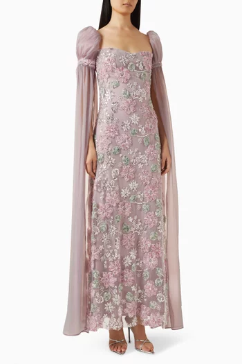 فستان سهرة بكاب وتطريزات بالخرز تول وأورجانزا