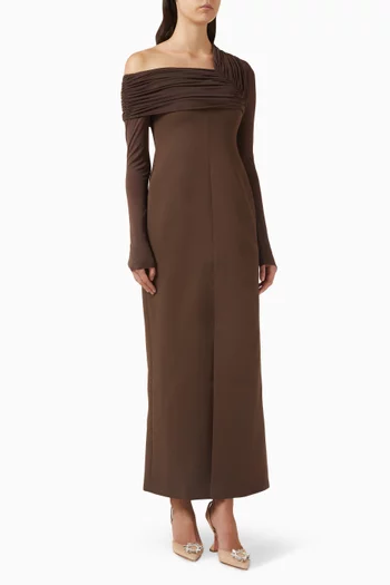 Asymmetric Maxi Dress in Twill & Crepe Knit