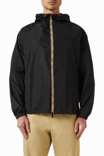 جاكيت بغطاء رأس وشريط بنقشة مربعات نايلون