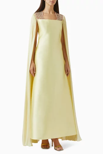 Embroidered Neckline Maxi Dress in Satin