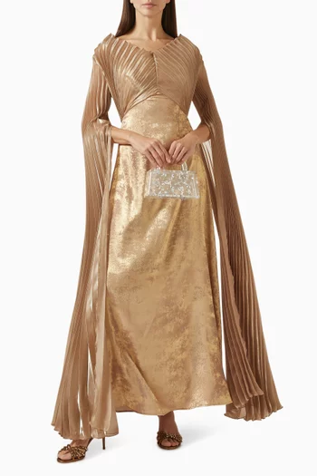 Pleated Cape Sleeve Maxi Dress in Lamé