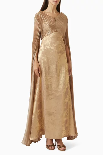 Pleated Cape Sleeve Maxi Dress in Lamé