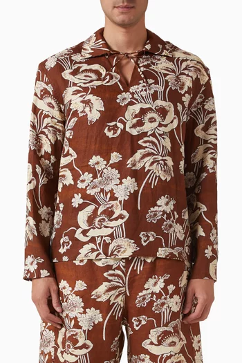 Painted Peonies Front Tie Shirt in Linen