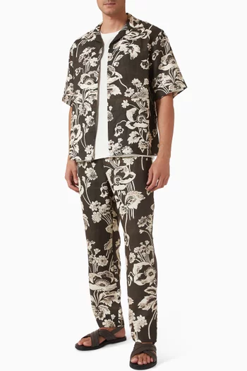 Painted Peonies Bowling Shirt in Linen