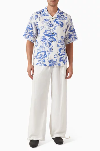 Painted Peonies Bowling Shirt in Linen