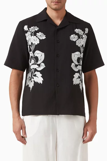 Embroidered Peonies Bowling Shirt in Cotton