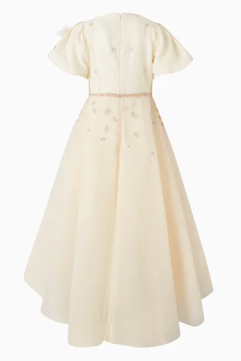JG SS DRESS WITH PUFF SLEEVES AND HAND-EMBELLISHED 3D FLOWER, CRYSTALS AND BEADS EMBROIDERY:OFF WHITE:4-5Y|219258334