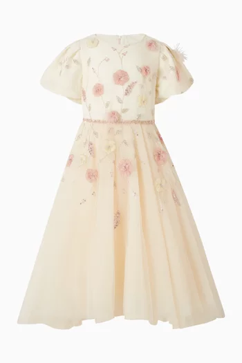 JG SS DRESS WITH PUFF SLEEVES AND HAND-EMBELLISHED 3D FLOWER, CRYSTALS AND BEADS EMBROIDERY:OFF WHITE:4-5Y|219258334
