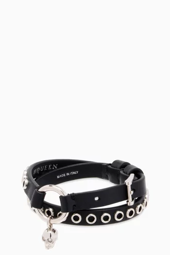 Skull Ring Double Wrap Bracelet in Leather