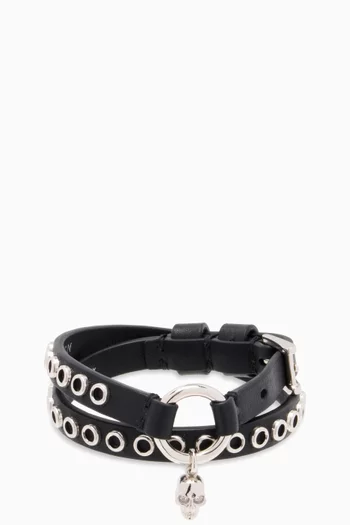 Skull Ring Double Wrap Bracelet in Leather