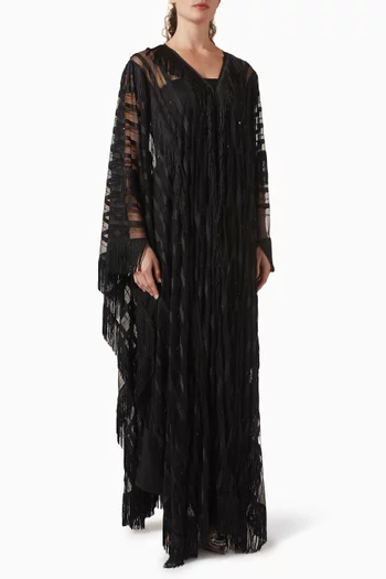Embellished Fringe Cape Abaya in Tulle