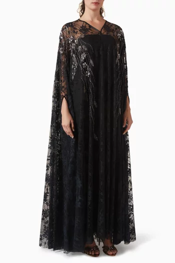 Embellished Cape Abaya in Dantelle
