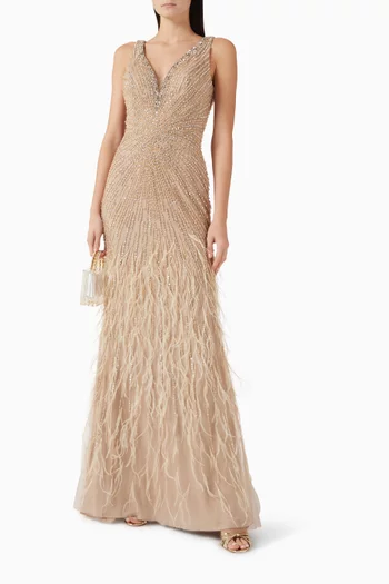 Embellished Feather-trim Gown