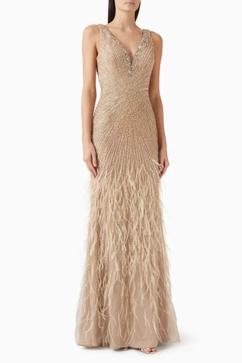 Embellished Feather-trim Gown
