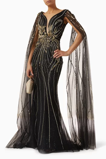 Sequin-embellished Cape Gown