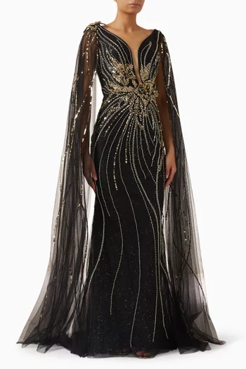 Sequin-embellished Cape Gown