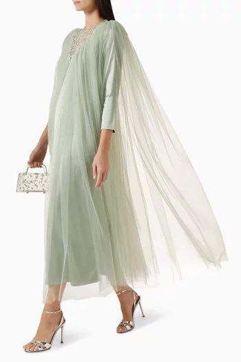 فستان بكاب مزين بتطريزات زهور تول وكريب