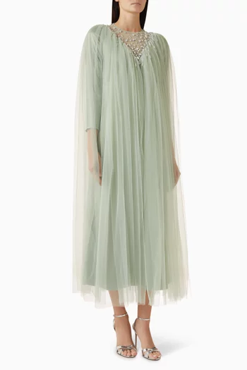 فستان بكاب مزين بتطريزات زهور تول وكريب