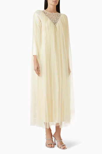 فستان بكاب مزين بتطريزات زهور تول وكريب