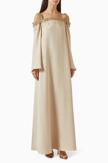 "A timeless off-shoulder silhouettein soft nude beig with flowing sleeves and a graceful floor-length drape.":BEIGE:XL|219069961