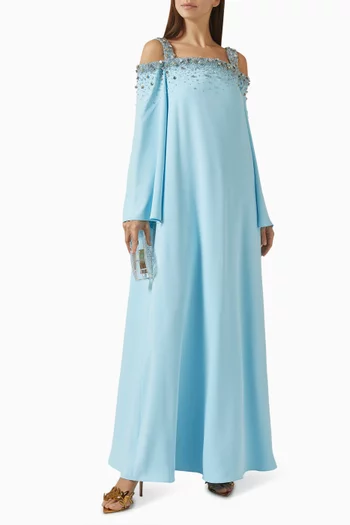 "A timeless off-shoulder silhouettein soft nude beig with flowing sleeves and a graceful floor-length drape.":Light/Pastel Blue:L|219069957