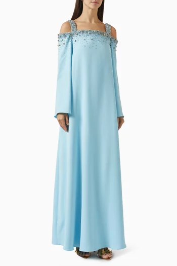 "A timeless off-shoulder silhouettein soft nude beig with flowing sleeves and a graceful floor-length drape.":Light/Pastel Blue:L|219069957