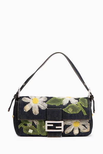 2000s Mesh Flower Appliqué Baguette Shoulder Bag in Denim