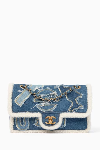 2019 Paris-Egypt Hieroglyph Flap Shoulder Bag in Denim & Shearling