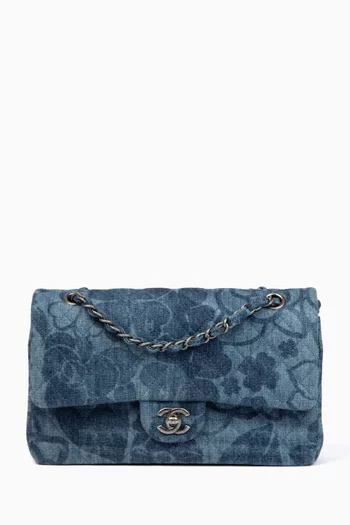 2016 Camellia Printed Medium Double Flap Shoulder Bag in Denim