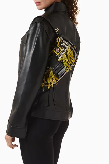 حقيبة كتف مستطيلة مطرزة من الألفينيات كتان