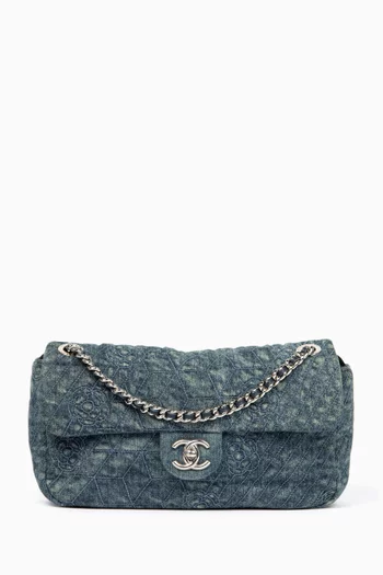 2010s Camellia Stitched Single Flap Shoulder Bag in Denim