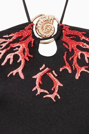 Shell Embroidered Halterneck One-piece Swimsuit