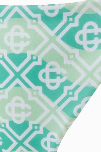 قطعة بيكيني سفلية بأربطة ونقشة شعار الماركة مموجة