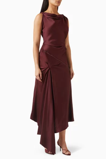 Asymmetrical Draped Midi Dress in Crepe