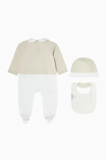 Logo Pyjama, Bib & Beanie Set in Cotton