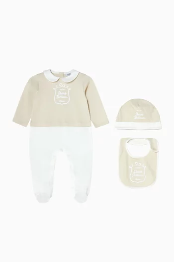 Logo Pyjama, Bib & Beanie Set in Cotton