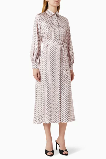 فستان متوسط الطول بنقشة وحزام حرير