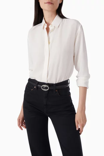 Oval Crystal Buckle Thin Belt in Smooth Leather