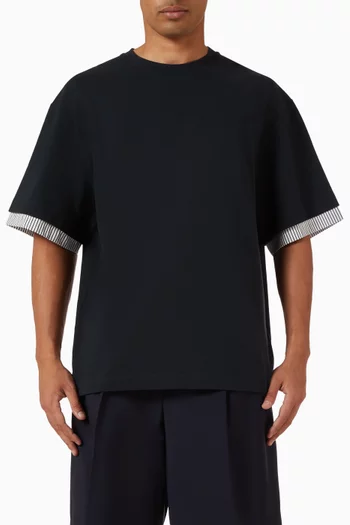 تي شيرت بحواف أكمام مخططة قطن