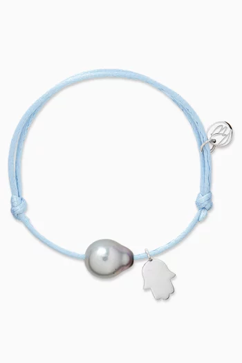 Pearl & Hand-charm Cord Bracelet in 18kt White Gold
