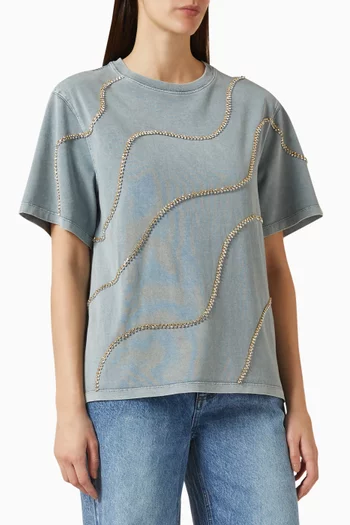 تي شيرت بتطريزات مموجة بأحجار الراين قطن