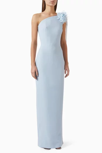 فستان سهرة بكتف مكشوف مزين بزهرة كريب