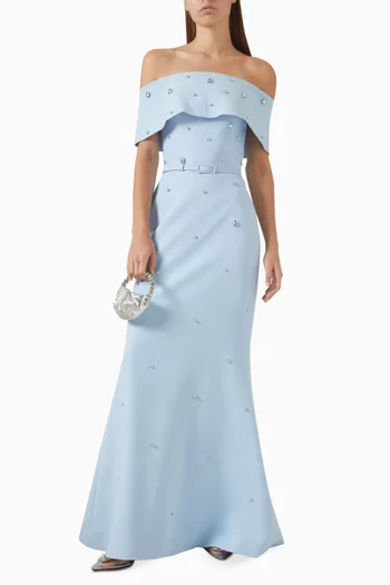 Embellished Belted Gown in Crepe