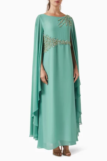 فستان طويل بأكمام كاب وفتحة رقبة على شكل قارب